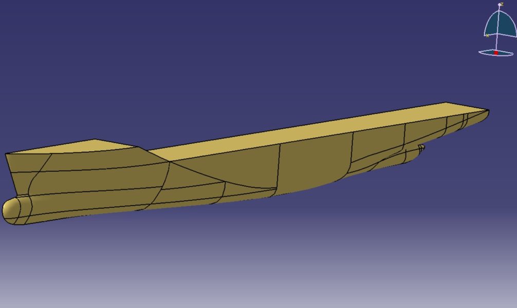 3D CAD representation of the ship hull reconstructed from 2D drawings.