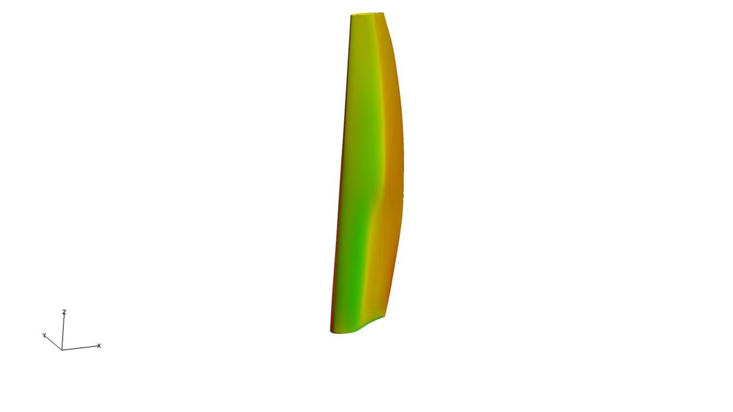 Pressure contours on the wingsail surface. The pressure is a result of the airflow around the wingsail geometry.