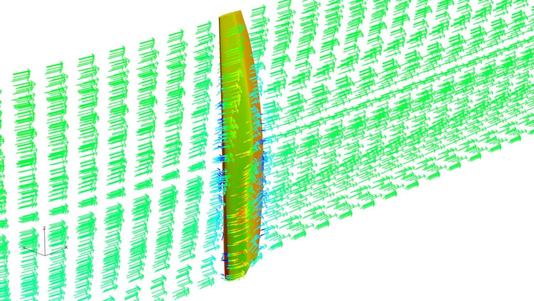 3D flow streamlines represented as arrows around the wingsail geometry. The streamlines contours represent the stream-wise velocity magnitude while contours on the wingsail represent pressure.