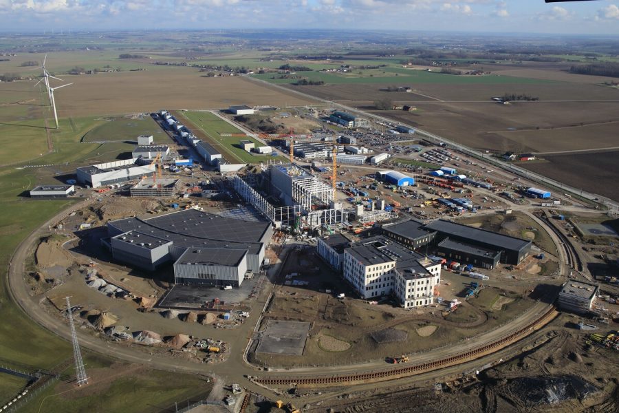 Recent aerial picture of the European Spallation Source (ESS) facility construction site located in Lund, Sweden.