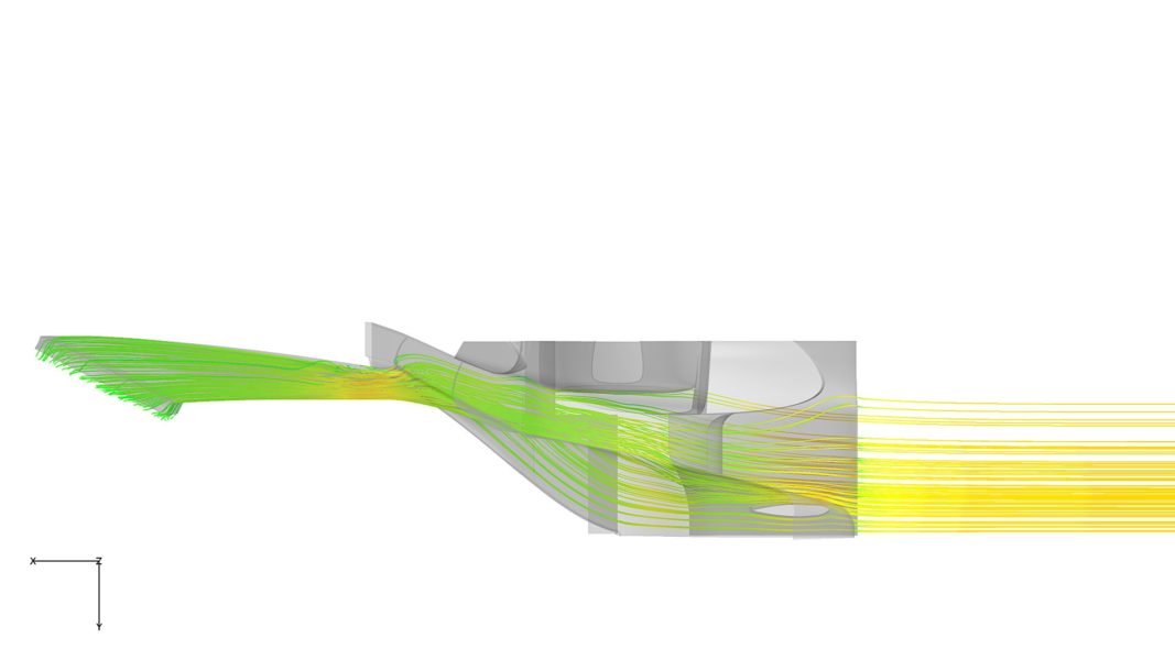 Streamlines of air flowing inside the electric car’s cooling system.