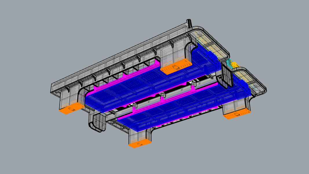 View of the bottom of the beehive basis with moving parts and structural reinforcements.