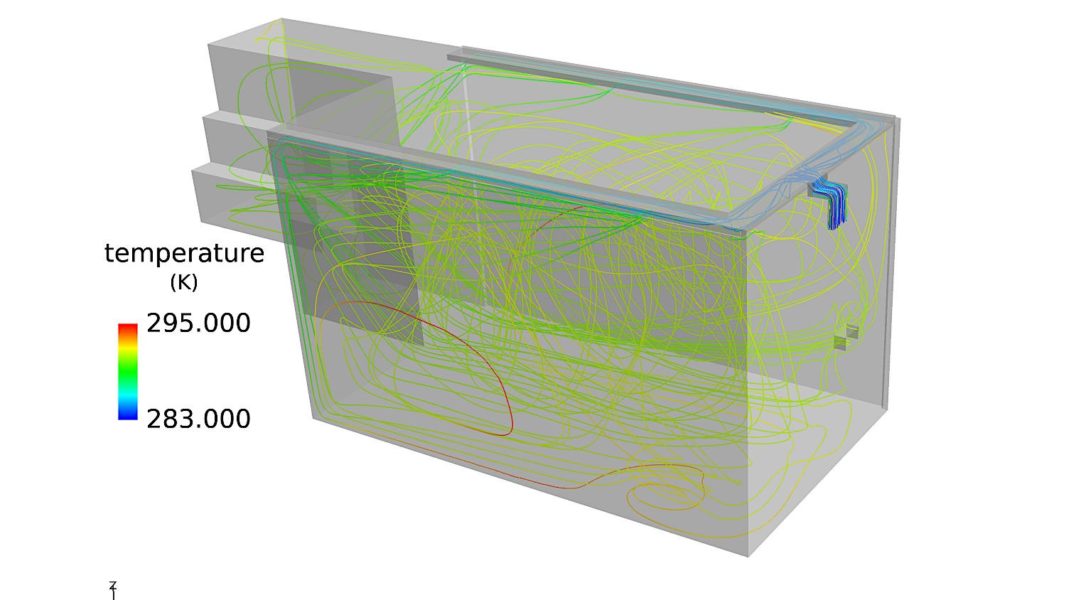 Air flow inside the container interior when external temperature is at 28oC. The heating ducts are placed over the container ceiling.