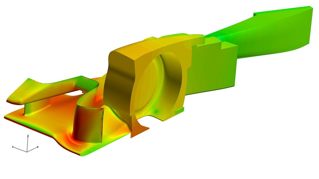 Pressure gradient at part of the electric car’s exterior and at its interior. The air is driven through the car’s aerodynamic surfaces to its cooling duct.