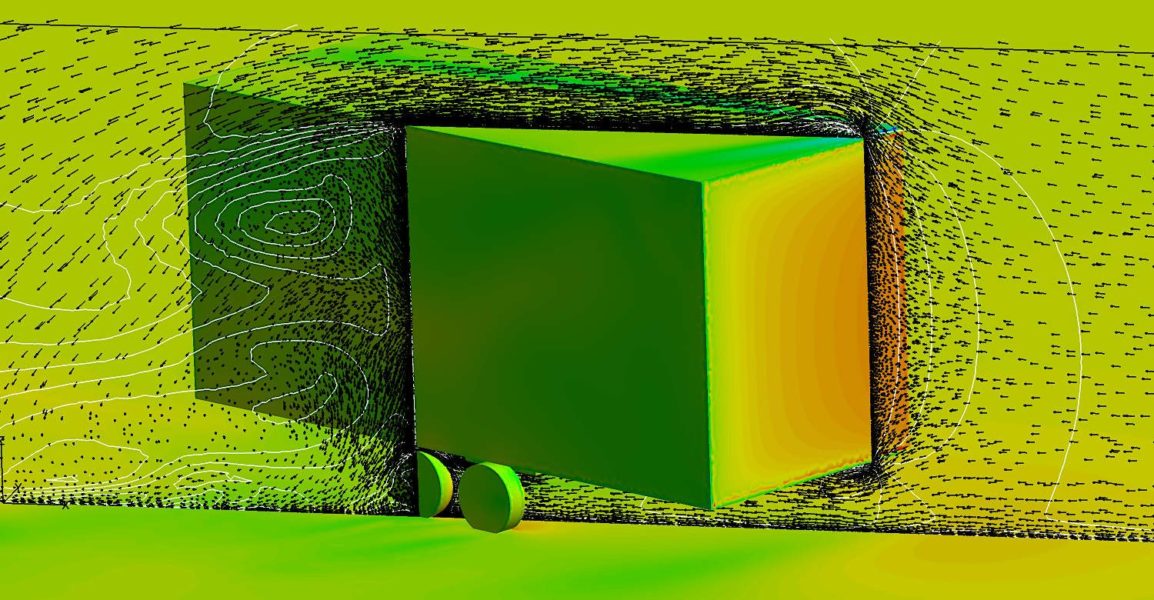 Pressure contours on the surface of container office on trailer, due to crosswinds. Areas with pressure difference can provide the location of forces that can be a toppling hazard.