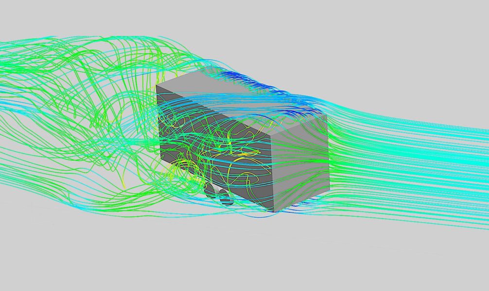 Airflow around a container office on trailer, due to crosswind. Recirculation areas provide insight about increased drag locations.