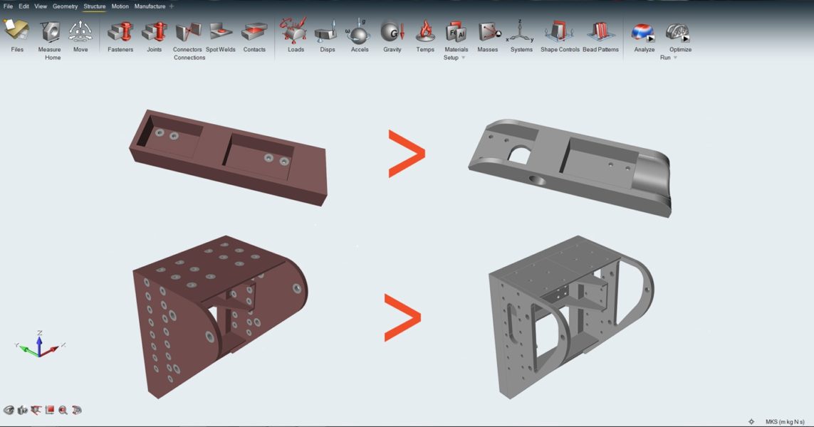 Original design space and final, production ready CAD model of the two brackets that were optimized.