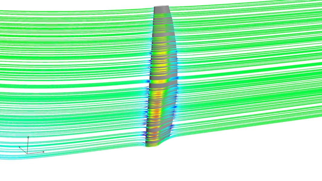 Streamlines of flow around the 3D wingsail geometry. Streamline contours represent the stream-wise velocity component.