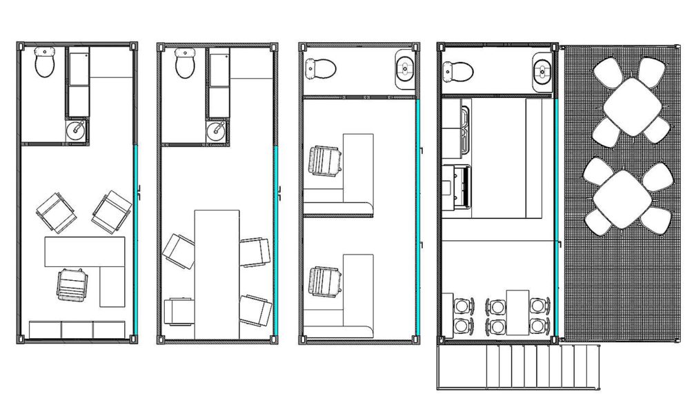 Comparative 2D top view of the container office multiple variants layouts.