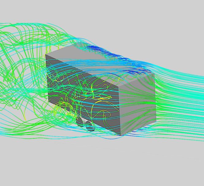 Airflow around a container office on trailer, due to crosswind. Recirculation areas provide insight about increased drag locations.