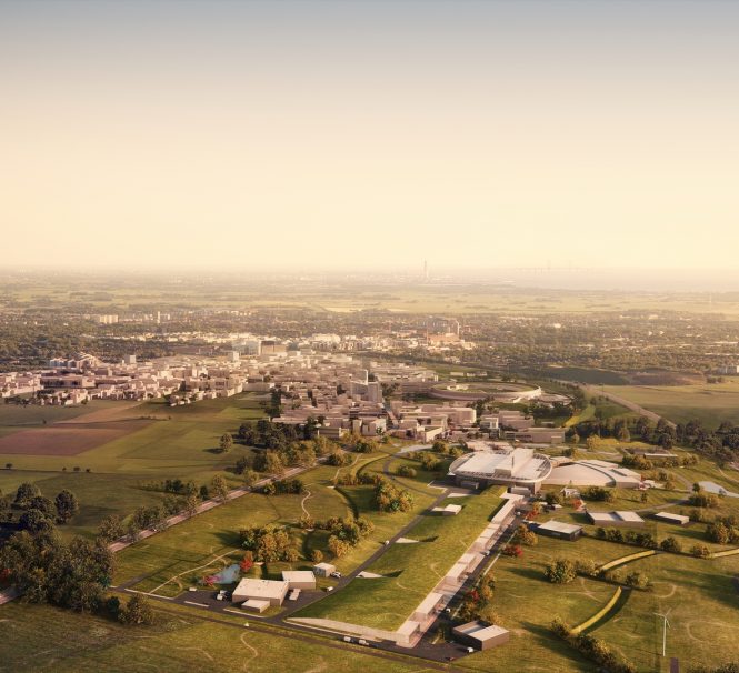 Architectural, aerial view of the European Spallation Source (ESS) facility Plant Layout located in Lund, Sweden.